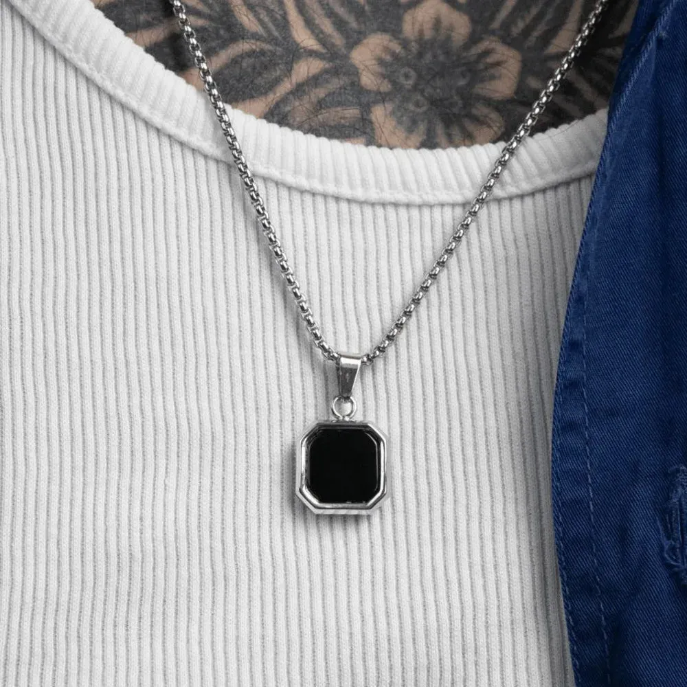 Men's Black Enamel Necklace – Waterproof Stainless Steel Square Pendant