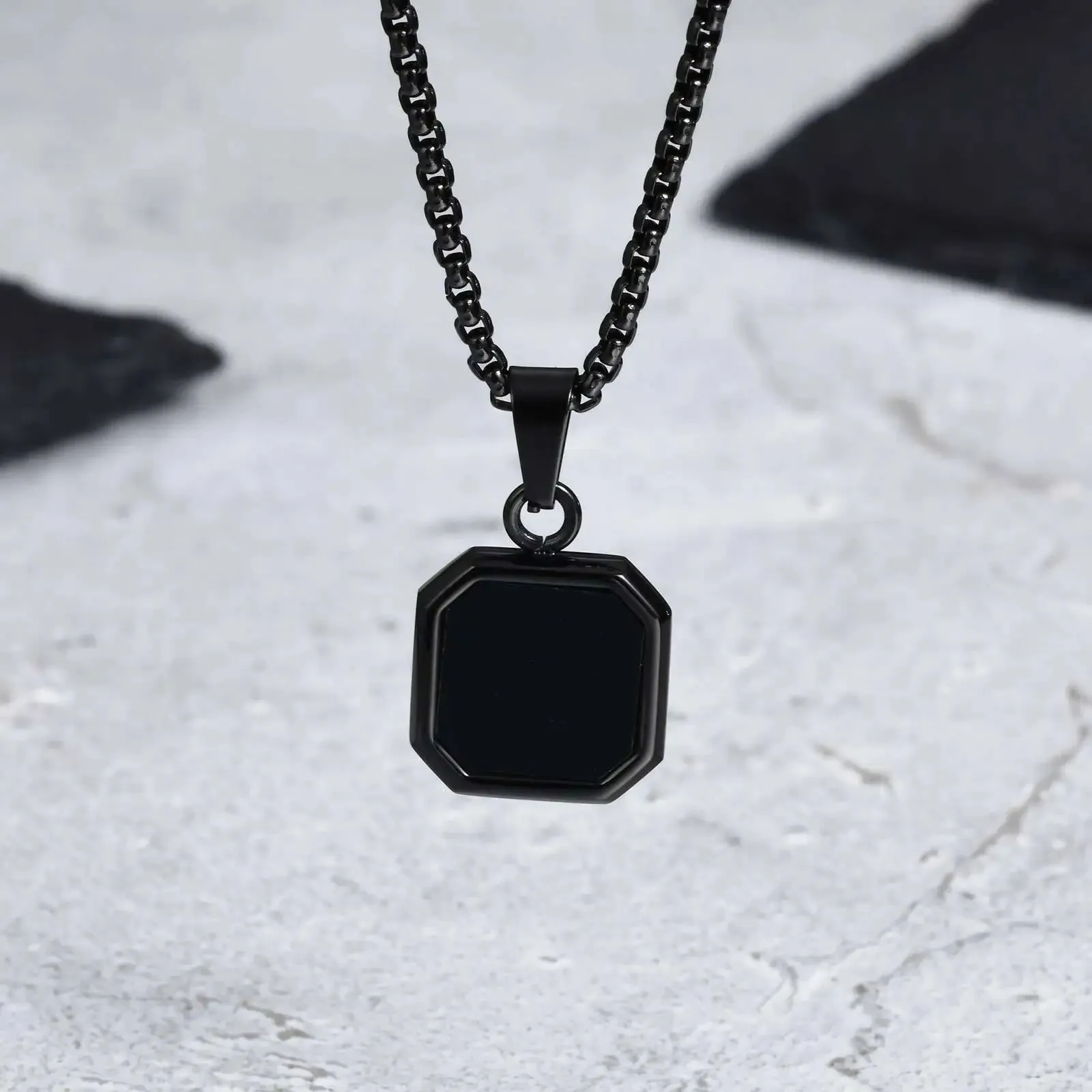Men's Black Enamel Necklace – Waterproof Stainless Steel Square Pendant