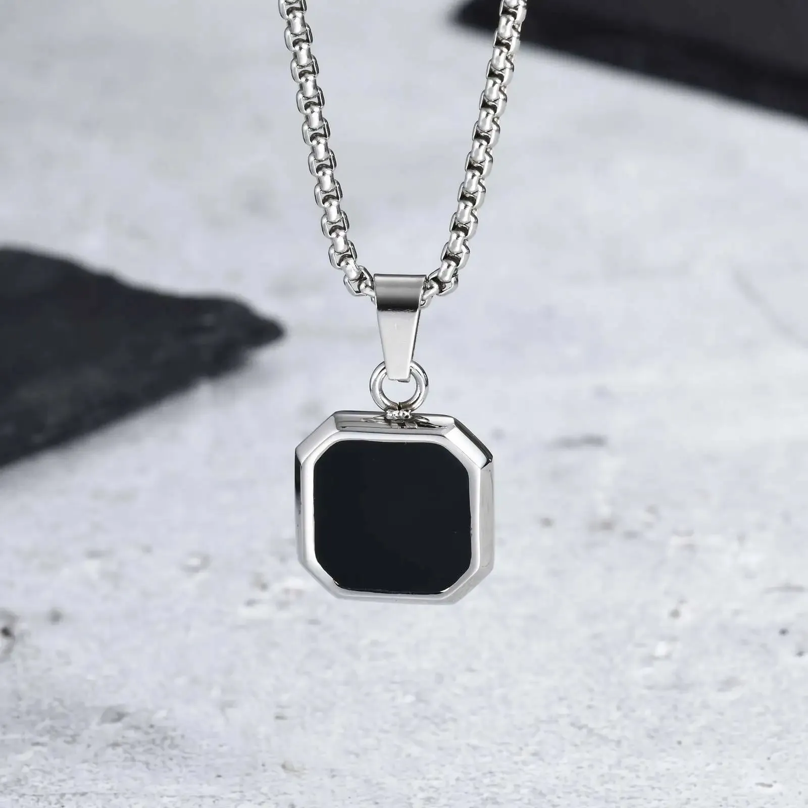 Men's Black Enamel Necklace – Waterproof Stainless Steel Square Pendant