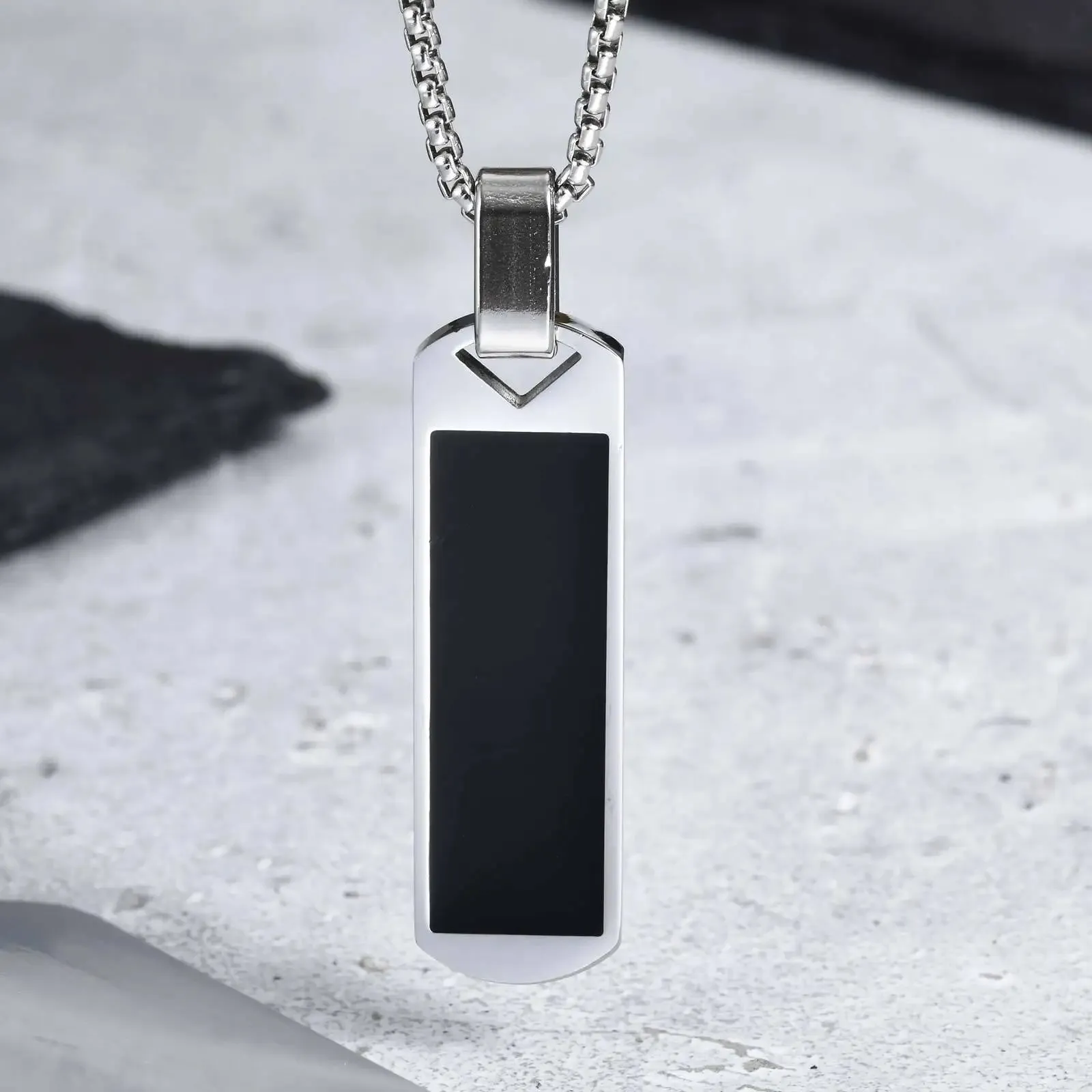 Men's Black Enamel Necklace – Waterproof Stainless Steel Square Pendant