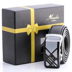 Men's Smart Ratchet No Holes Automatic Buckle Belt in Light Silver White Color