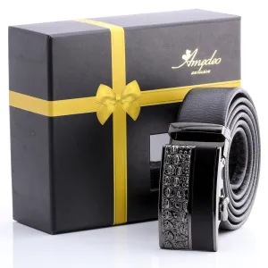 Men's Smart Ratchet No Holes Automatic Buckle Belt in Silver Shiney Rock & Black Color
