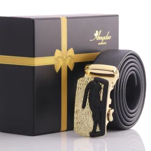 Men's Stainless Steel Black Belt - Gold & Black Crocodile Buckle Belt