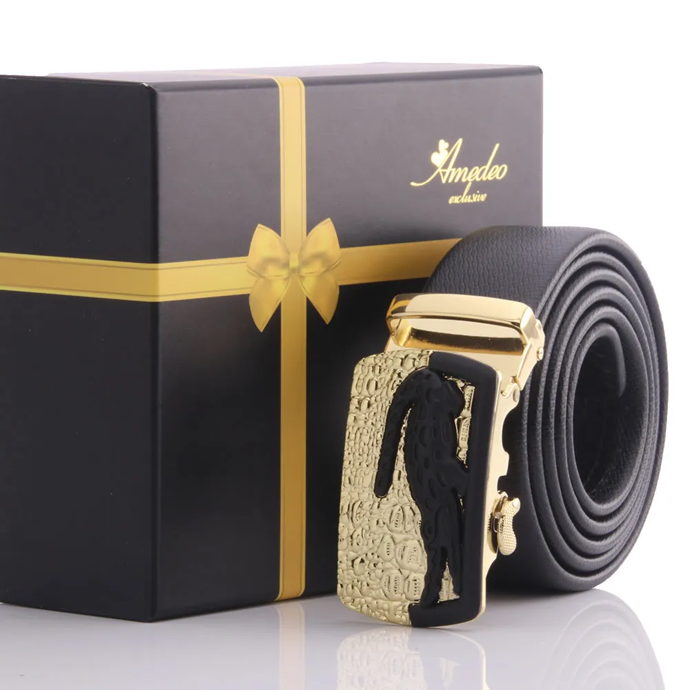 Men's Stainless Steel Black Belt - Gold & Black Crocodile Buckle Belt