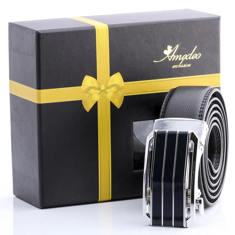 Men's Stainless Steel Black Belt with Silver & Black Buckle