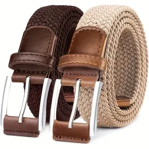 Men's Stylish 2-Piece Elastic Woven Belt Set Brown & Alloy Buckle