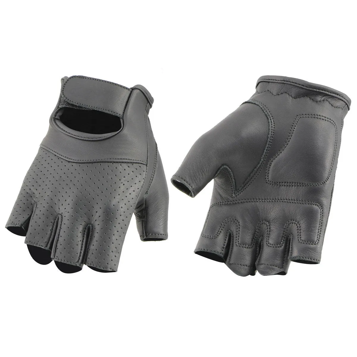 MG7780 Women's Black Leather Perforated Fingerless Gloves with Gel Palms