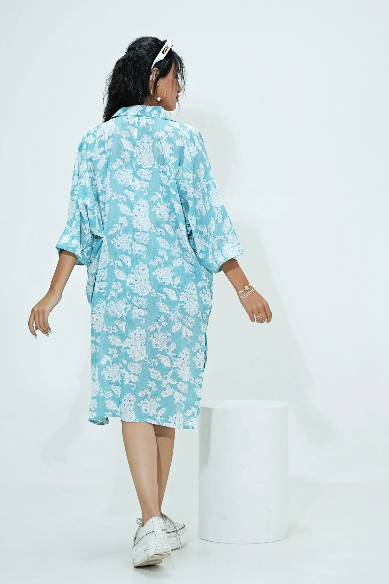 Midge in Aqua Hand Block Printed Oversize Shirt
