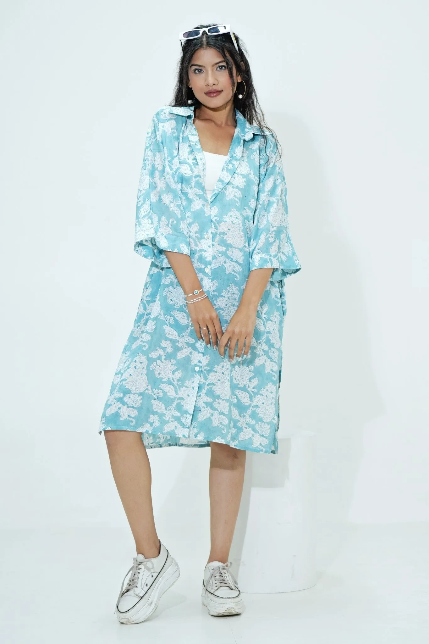 Midge in Aqua Hand Block Printed Oversize Shirt
