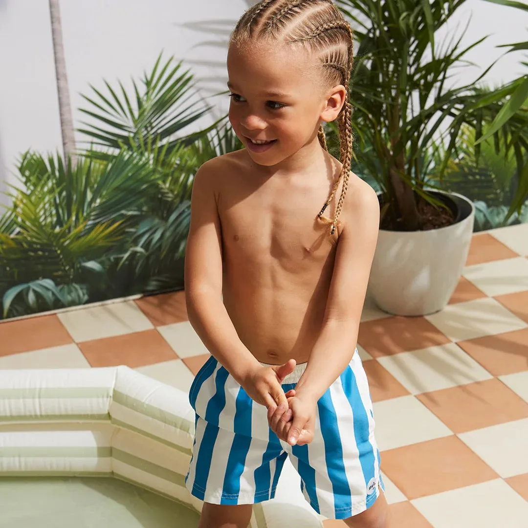 Miles The Label - Striped Bluejay & White Swim Trunks