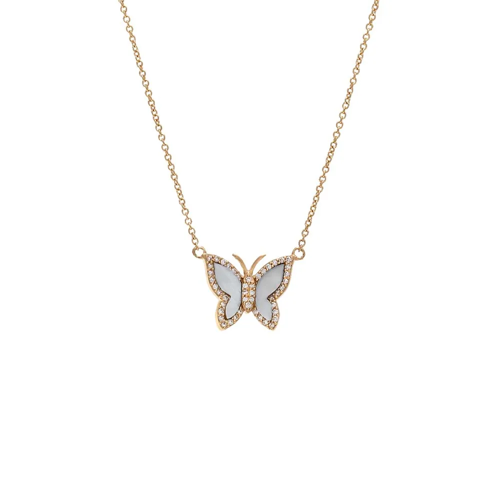 Mini Diamond Pave Outline Stone Butterfly Necklace 14K