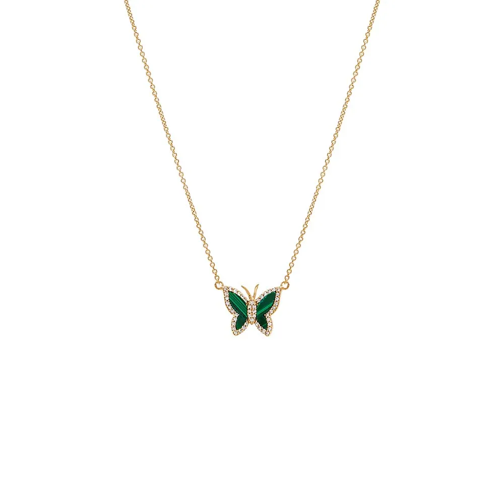 Mini Diamond Pave Outline Stone Butterfly Necklace 14K