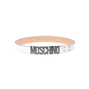 Moschino belt in calf leather. Contrast logo lettering buckle. Adjustable fit. Made in Italy