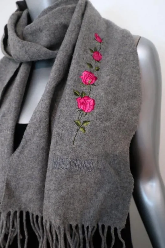 Moschino Scarf Gray Floral-Embroidered Fringed Wool