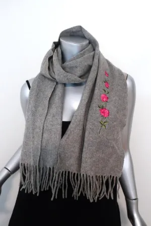 Moschino Scarf Gray Floral-Embroidered Fringed Wool