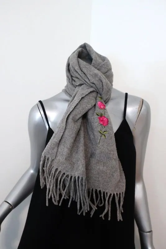 Moschino Scarf Gray Floral-Embroidered Fringed Wool