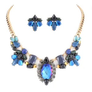MULTI COLOR BLACK AND BLUE ONYX STONE WITH MULTICOLOR CRYSTAL NECKLACE EARRING SET  #FW1404689 (SHOWROOM)