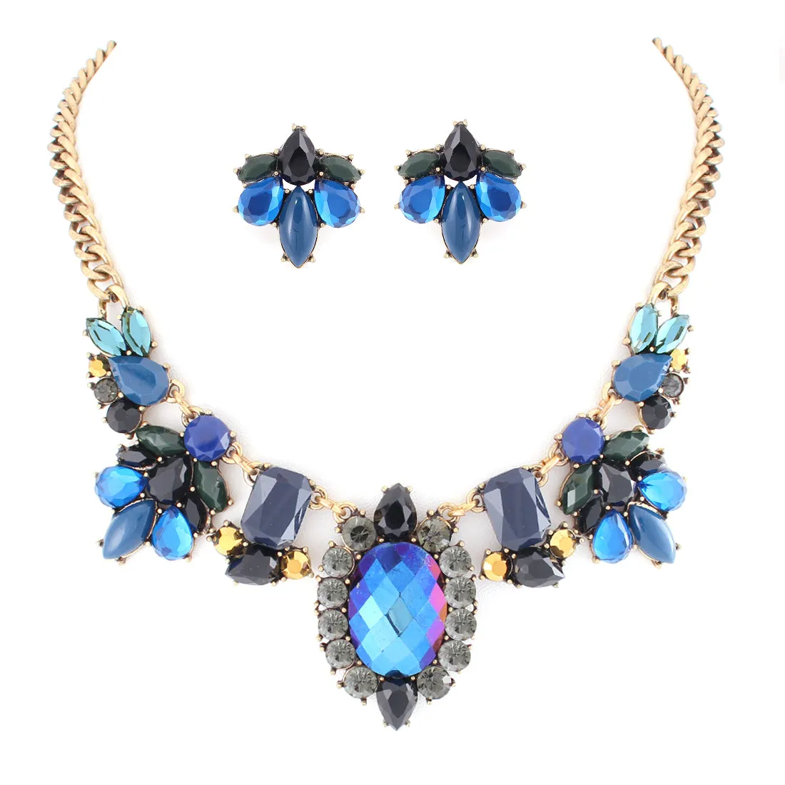 MULTI COLOR BLACK AND BLUE ONYX STONE WITH MULTICOLOR CRYSTAL NECKLACE EARRING SET  #FW1404689 (SHOWROOM)