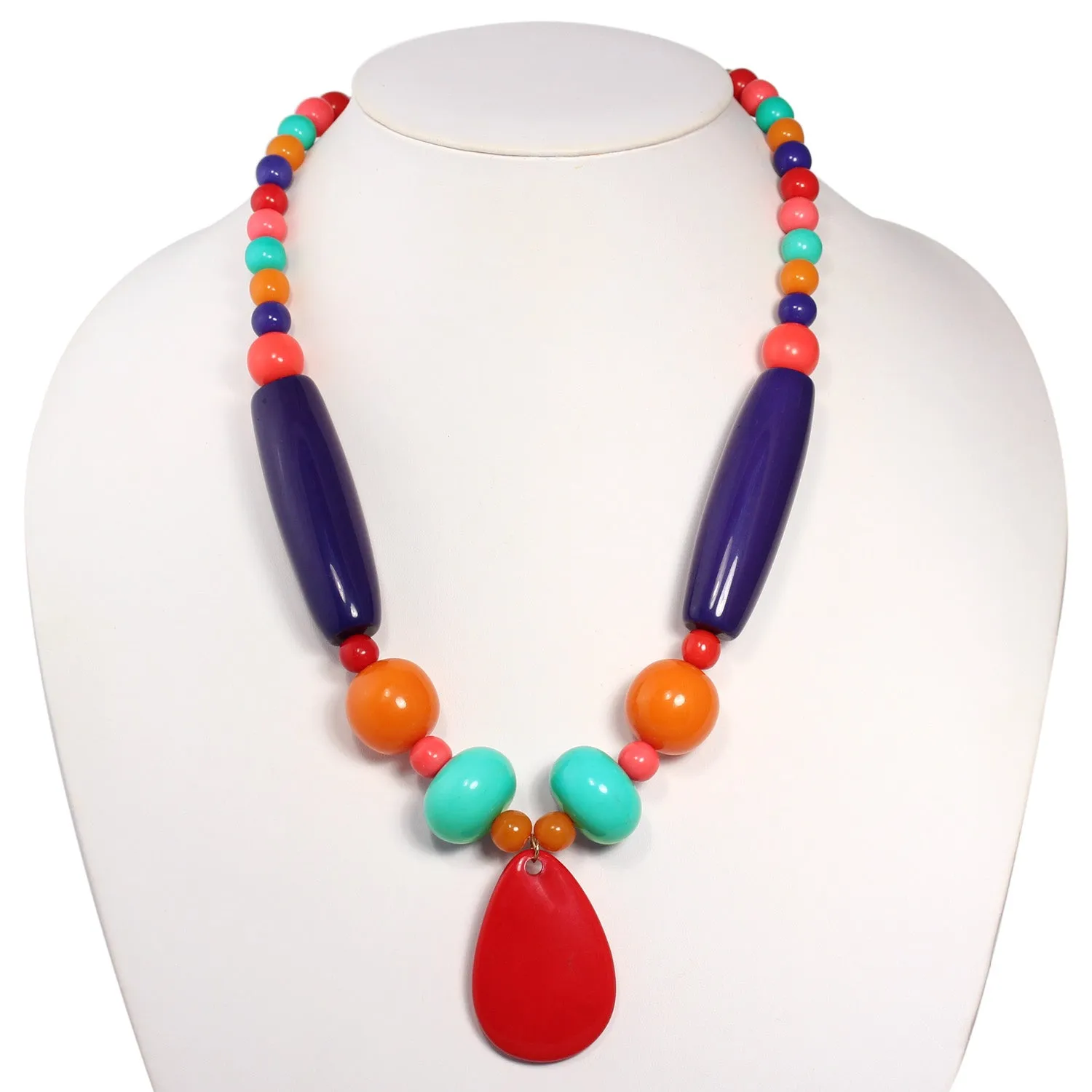 MULTI COLORED BEADS RED TEARDROP PENDANT NECKLACE #FWNK-1803-133-B
