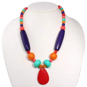 MULTI COLORED BEADS RED TEARDROP PENDANT NECKLACE #FWNK-1803-133-B