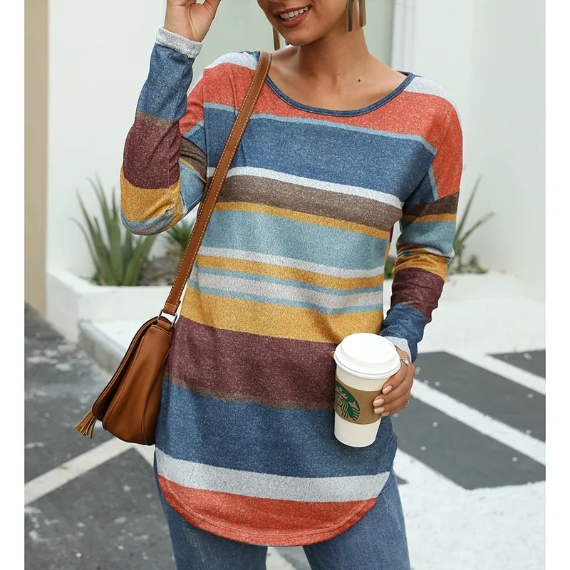 Multicolor Striped Print Round Neck Long Sleeve Slim T-Shirt Top