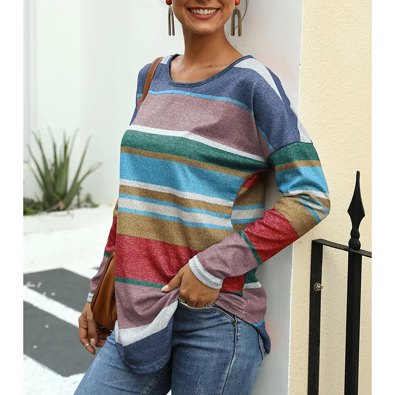 Multicolor Striped Print Round Neck Long Sleeve Slim T-Shirt Top