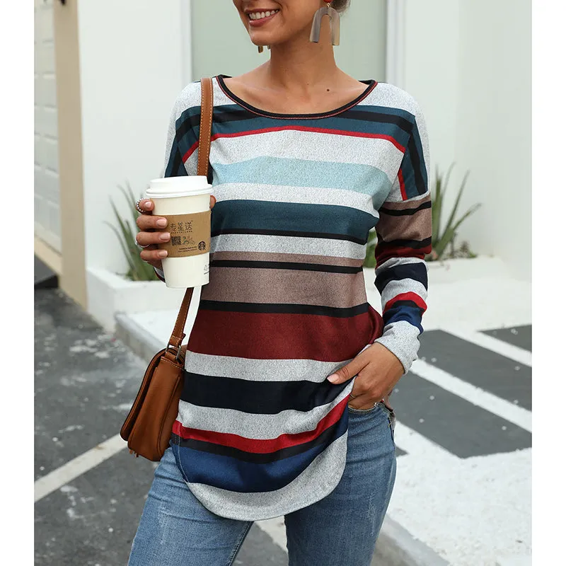Multicolor Striped Print Round Neck Long Sleeve Slim T-Shirt Top