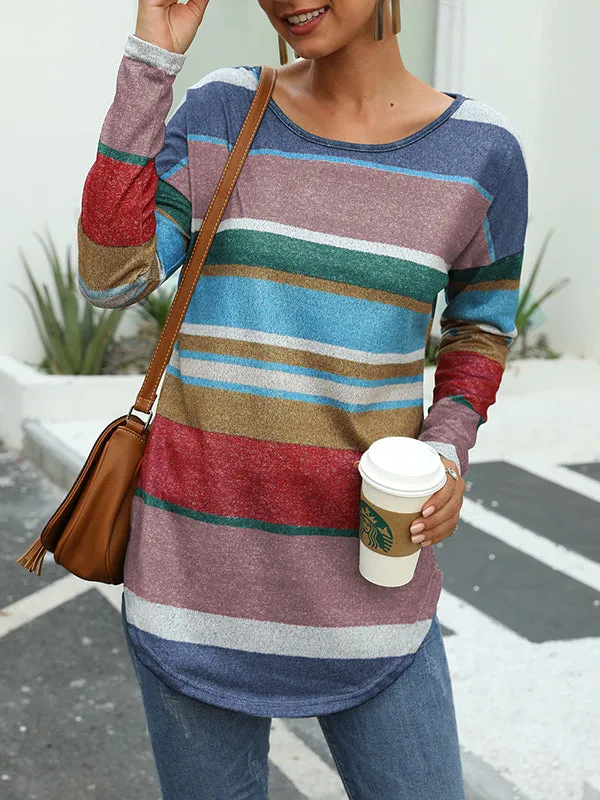 Multicolor Striped Print Round Neck Long Sleeve Slim T-Shirt Top