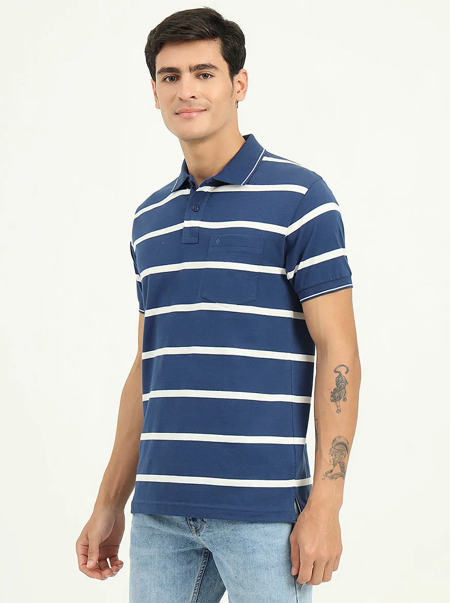 Navy Blue & White Striped Slim Fit Polo T-Shirt | Greenfibre