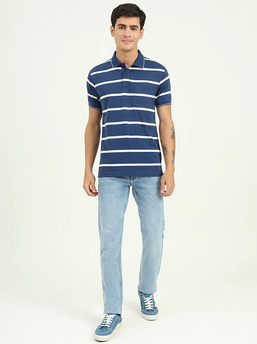 Navy Blue & White Striped Slim Fit Polo T-Shirt | Greenfibre