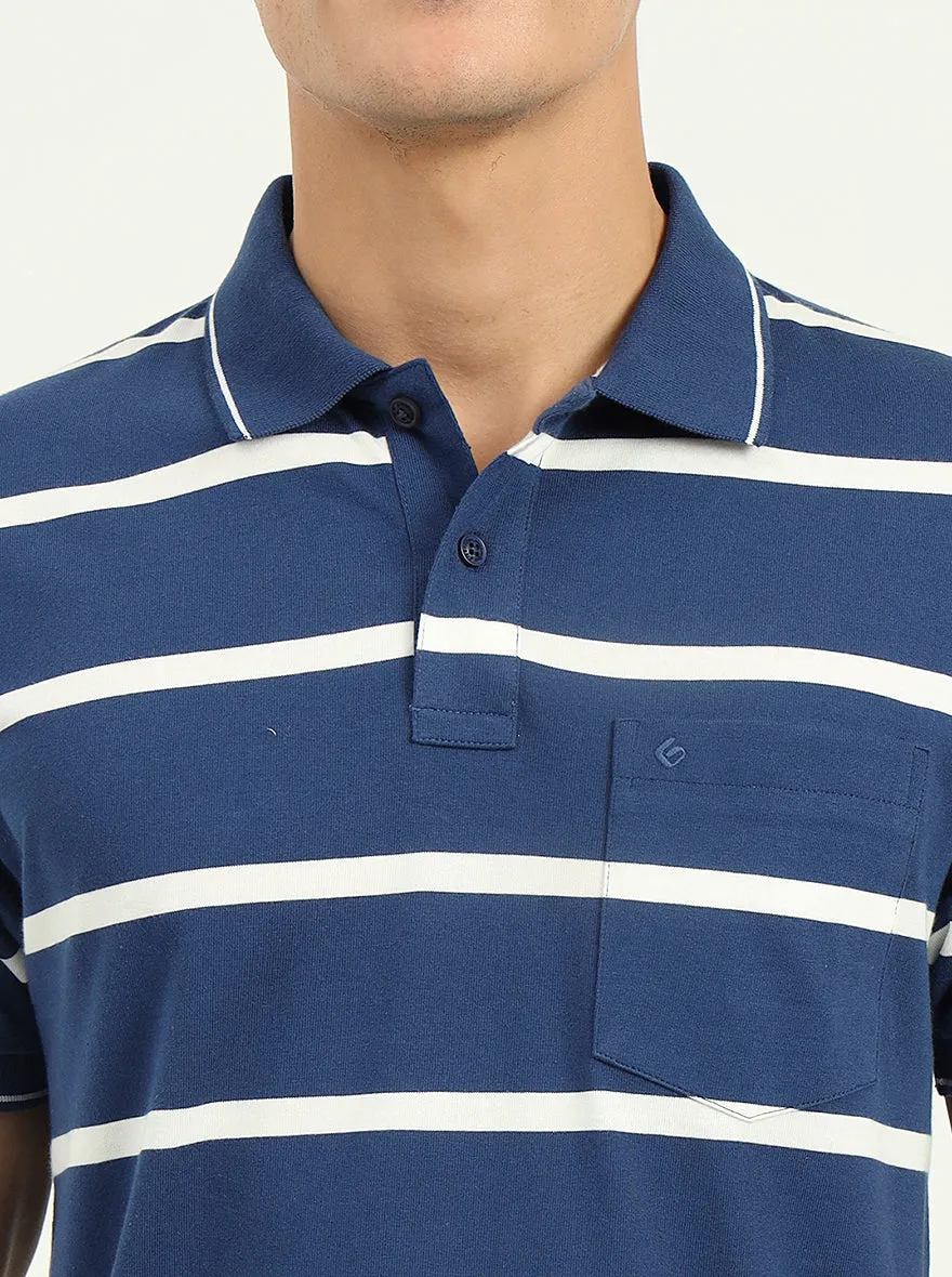 Navy Blue & White Striped Slim Fit Polo T-Shirt | Greenfibre