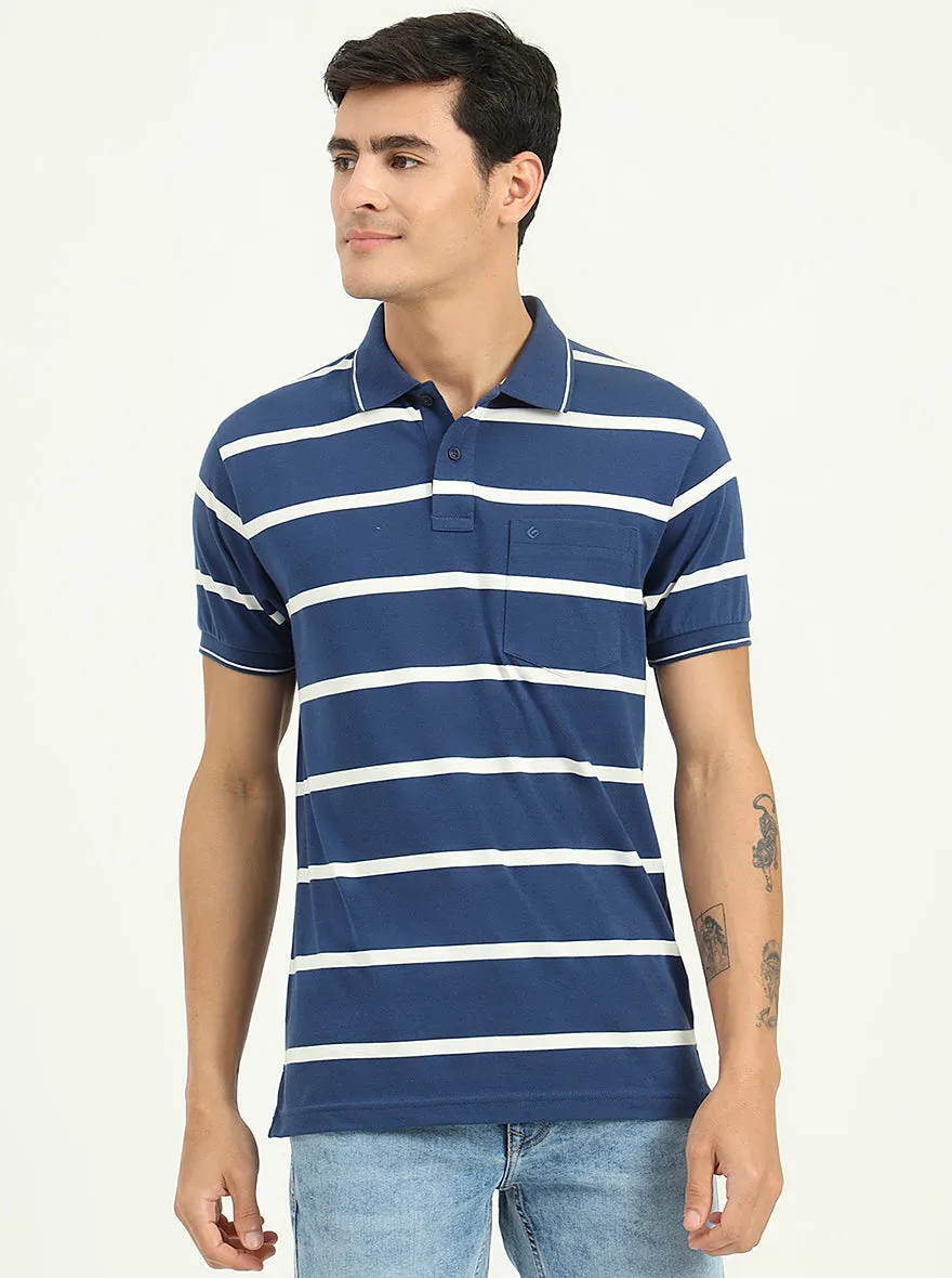 Navy Blue & White Striped Slim Fit Polo T-Shirt | Greenfibre