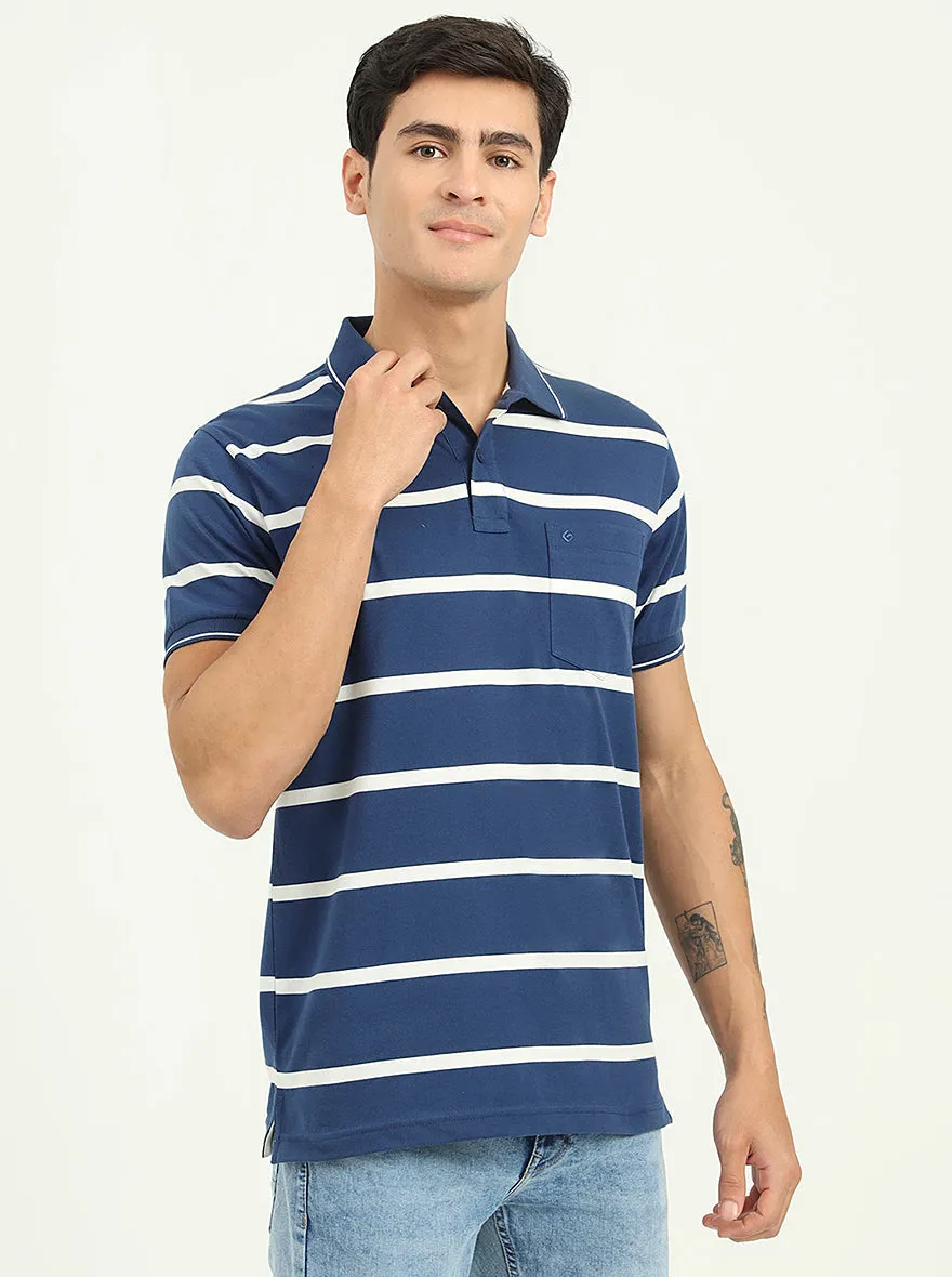 Navy Blue & White Striped Slim Fit Polo T-Shirt | Greenfibre
