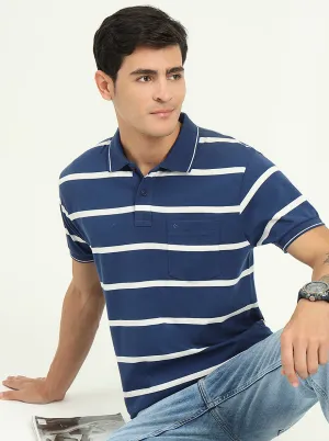 Navy Blue & White Striped Slim Fit Polo T-Shirt | Greenfibre