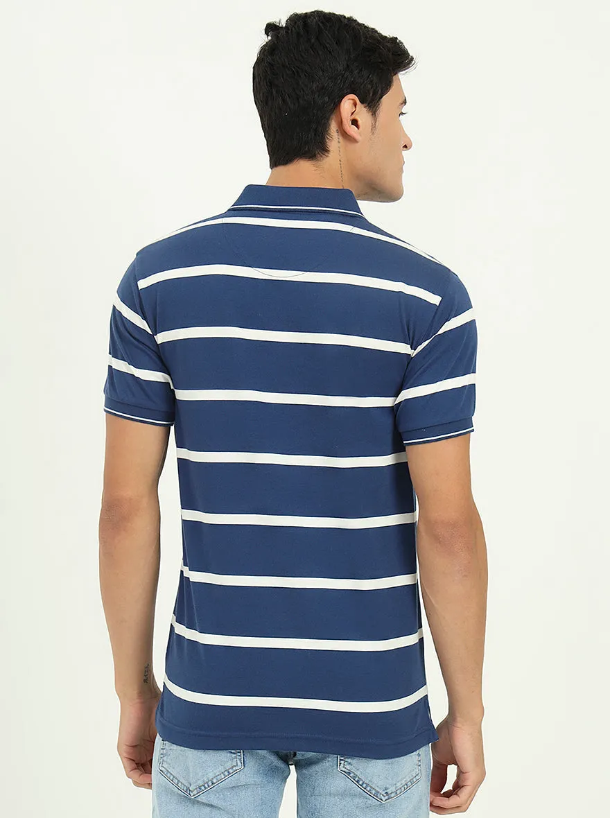 Navy Blue & White Striped Slim Fit Polo T-Shirt | Greenfibre