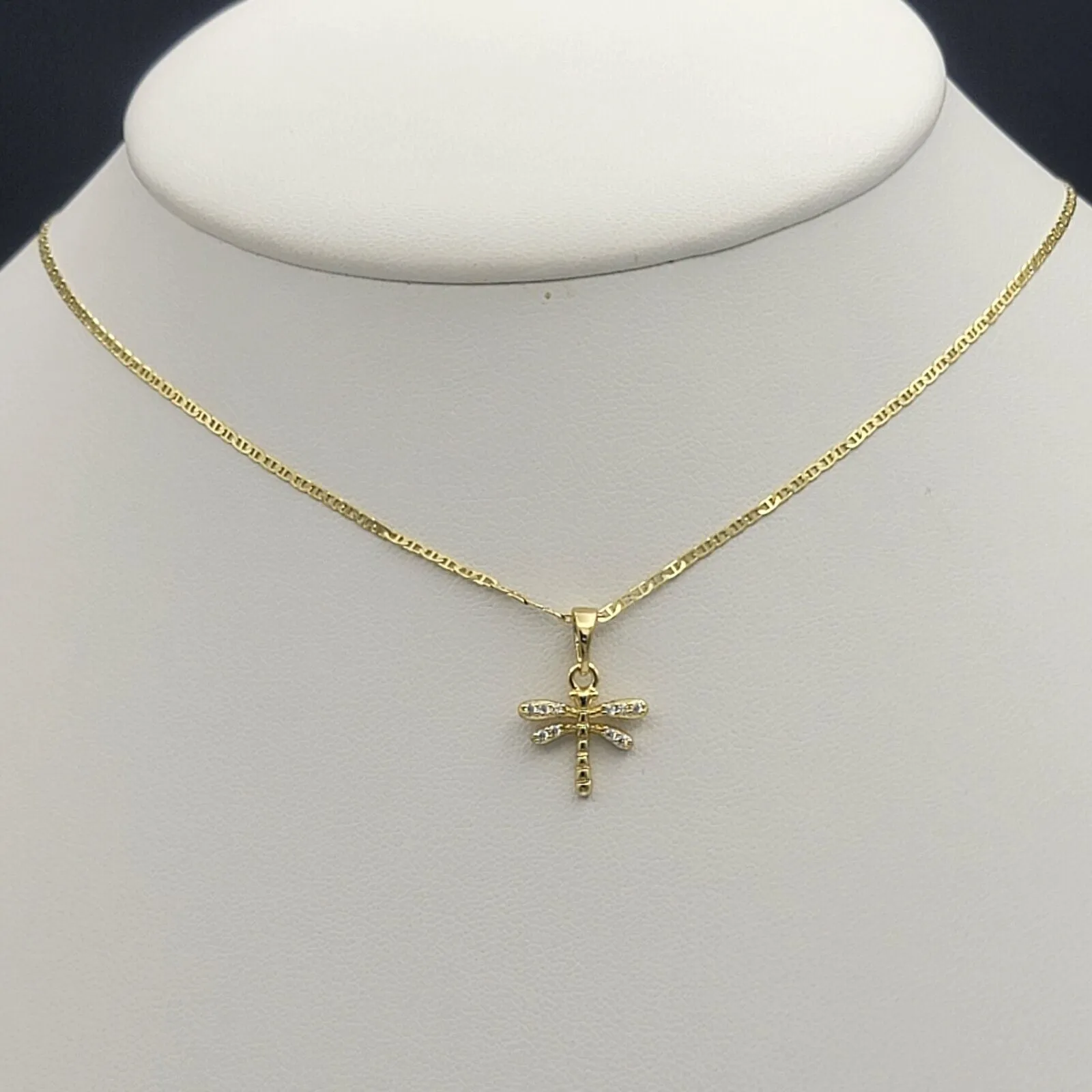 Necklaces - 14K Gold Plated. CZ dragonfly Pendant & Chain.