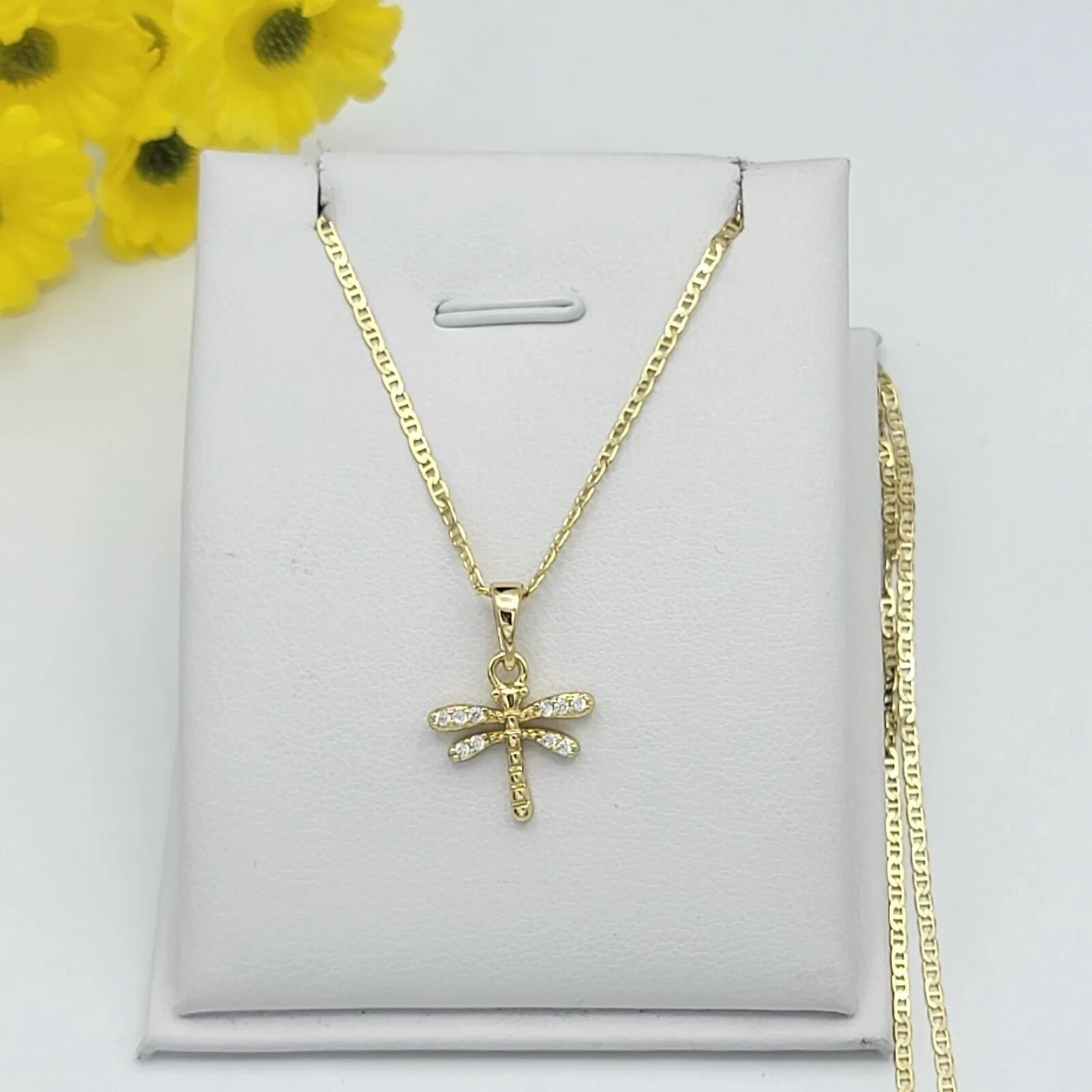 Necklaces - 14K Gold Plated. CZ dragonfly Pendant & Chain.