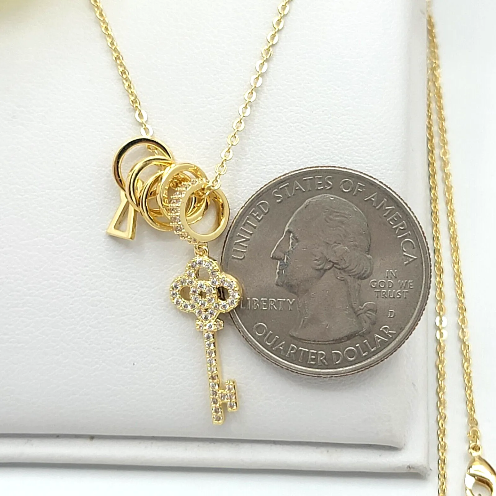 Necklaces - 14K Gold Plated. CZ Key Pendant Charms & chain. Necklace Freedom