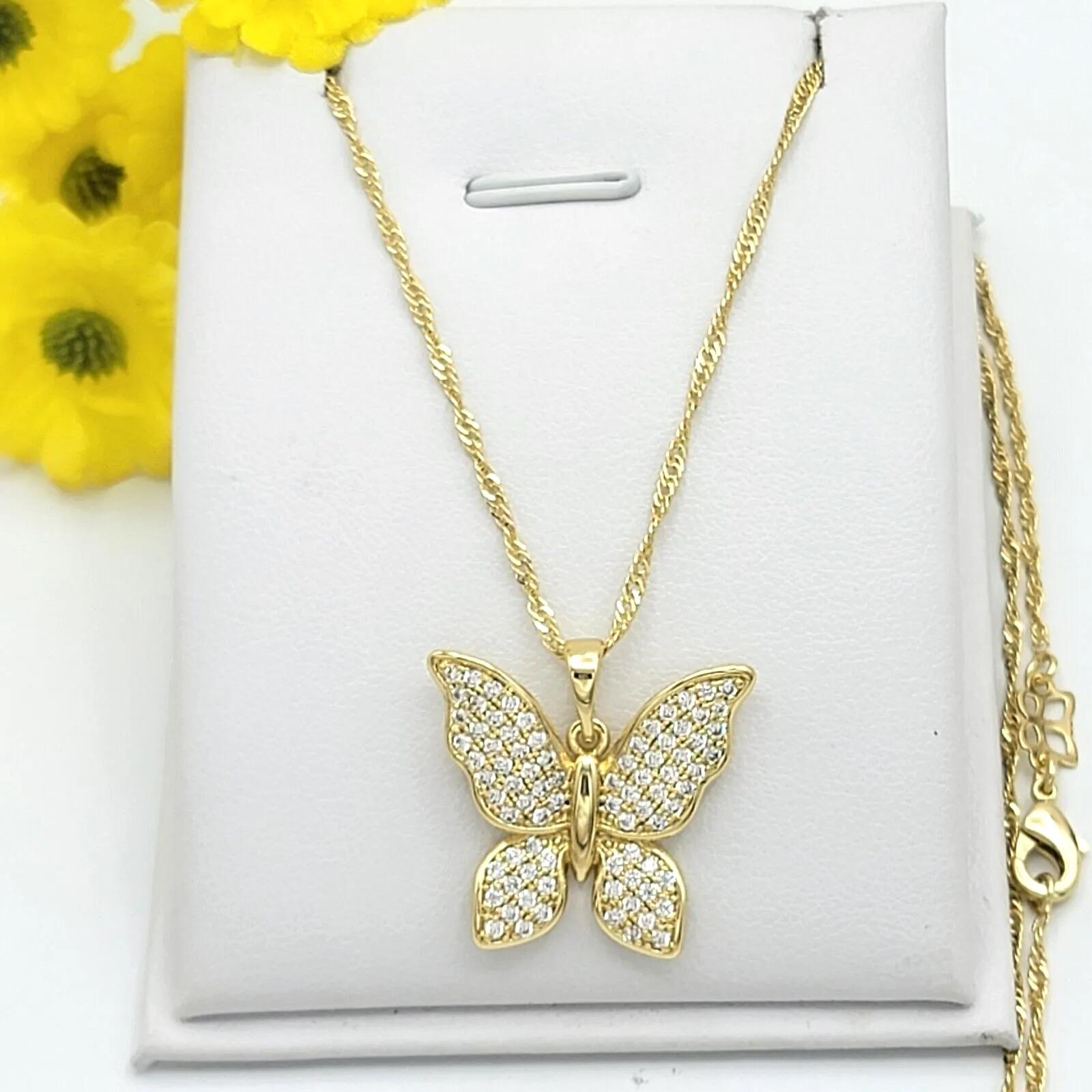 Necklaces - 14K Gold Plated. Icy Butterfly Pendant & Chain.