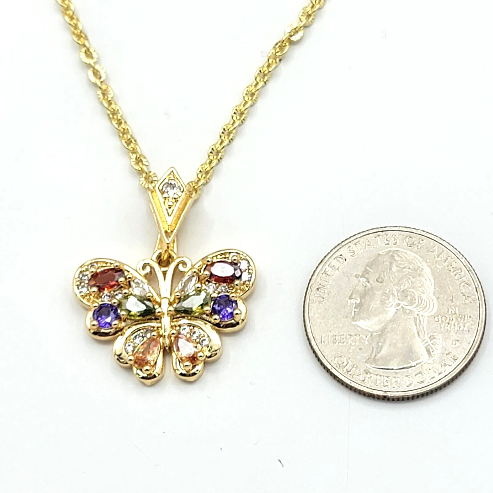 Necklaces - 14K Gold Plated. Multicolor Crystals Butterfly Pendant & Chain.