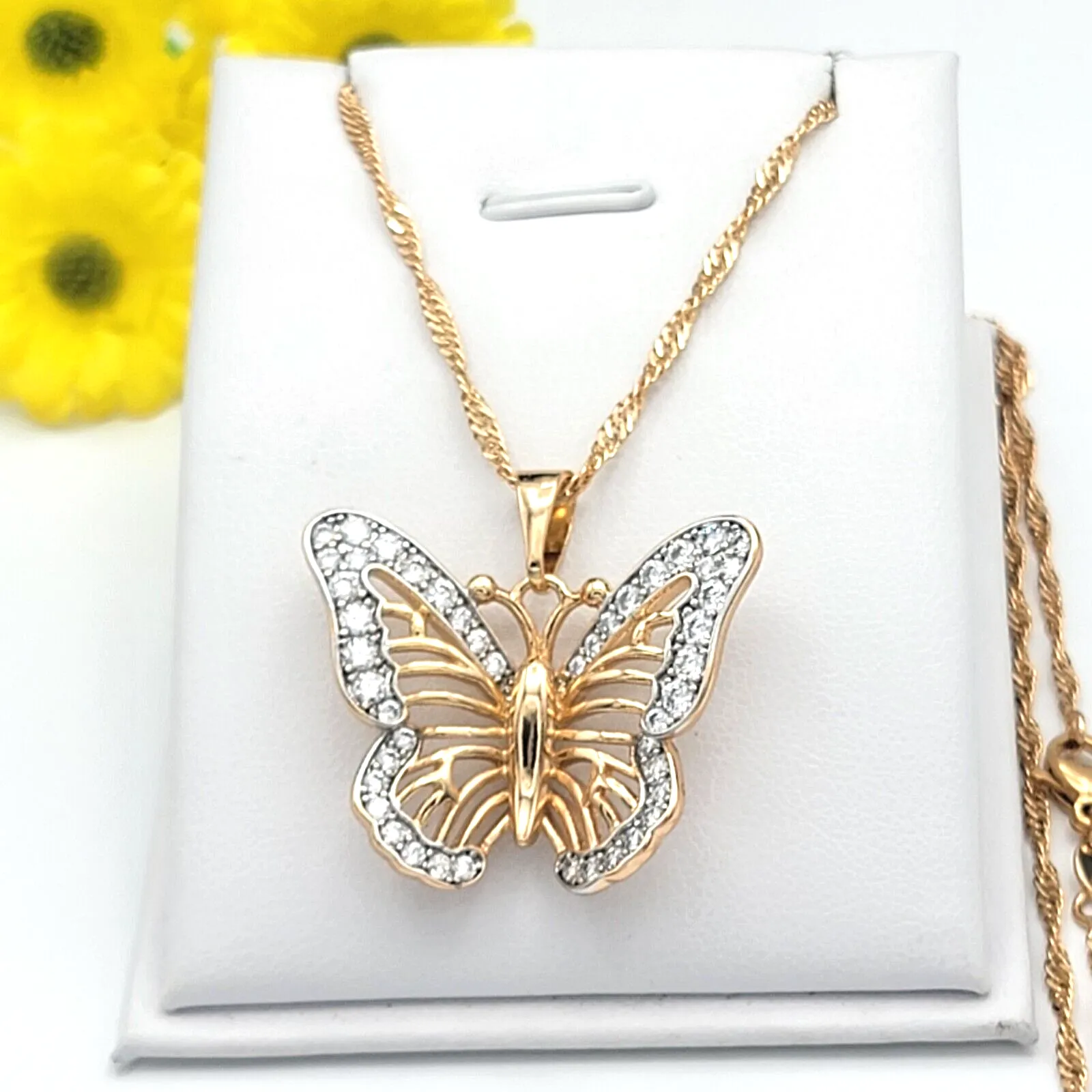 Necklaces - 18K Gold Plated. Clear Crystals Flying Butterfly Pendant & Chain.