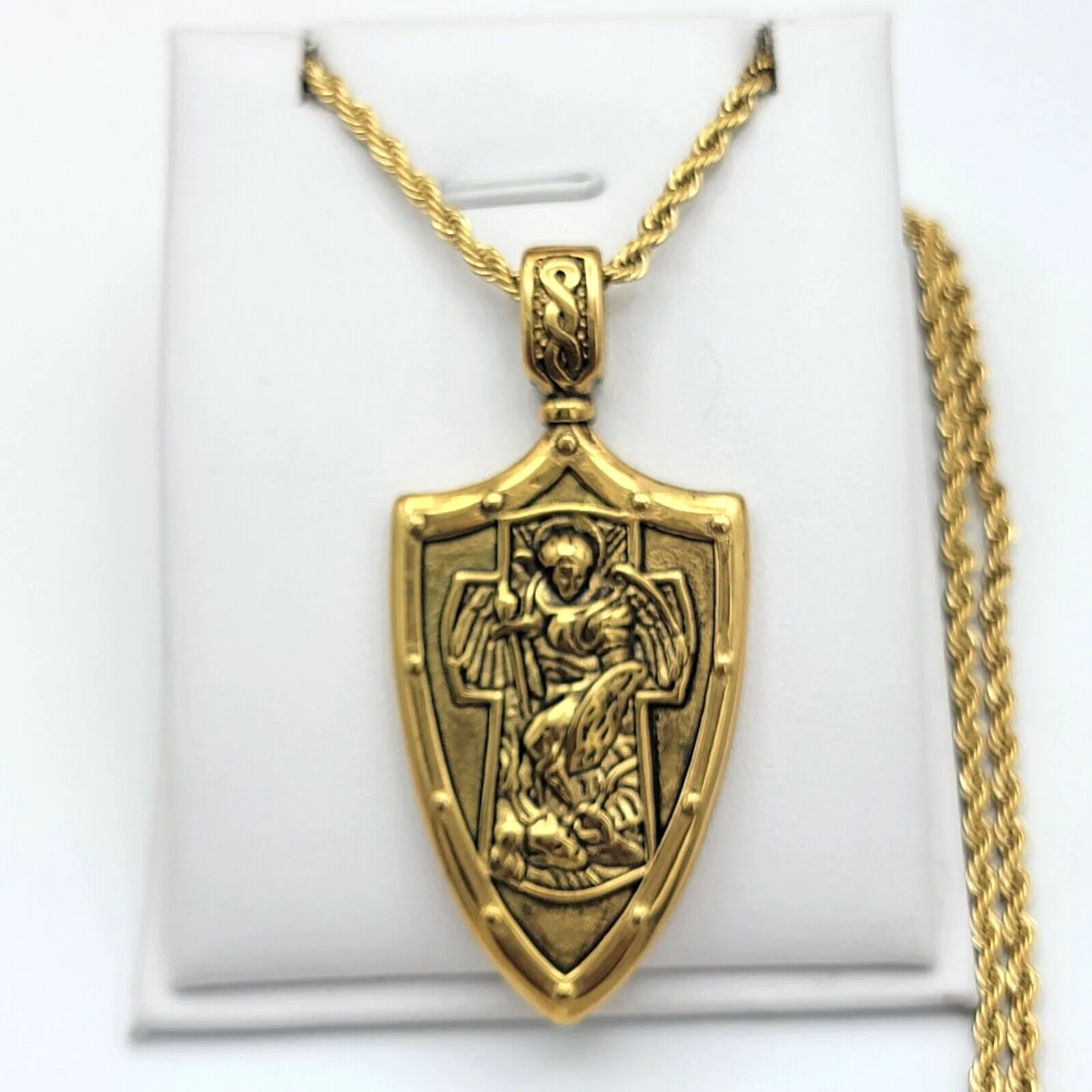 Necklaces - Stainless Steel Gold Plated. Archangel Michael Shield Pendant & Chain. Arcangel Miguel
