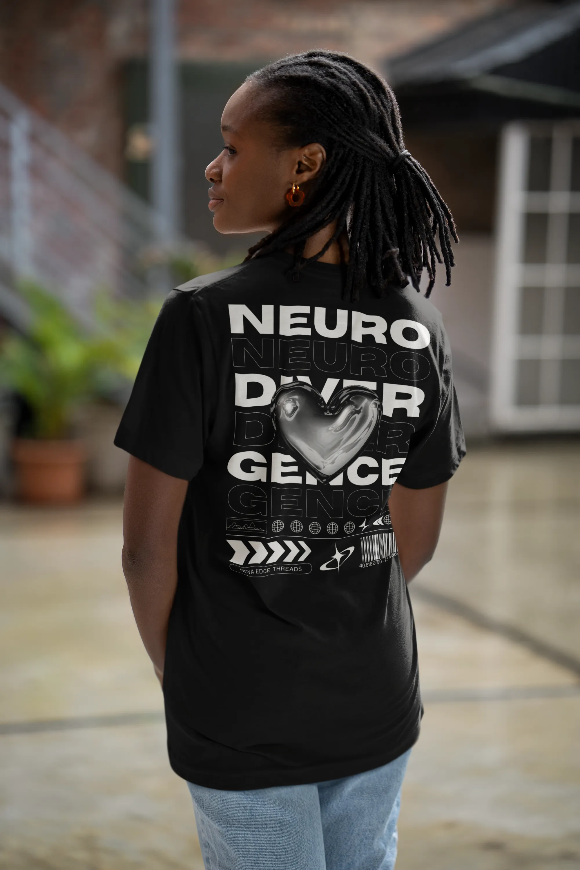 Neurodivergence Graphic Tee Chrome Heart Streetwear Fashion Disability Pride Black Oversize Deep Drop Shoulder Tee - 190 GSM
