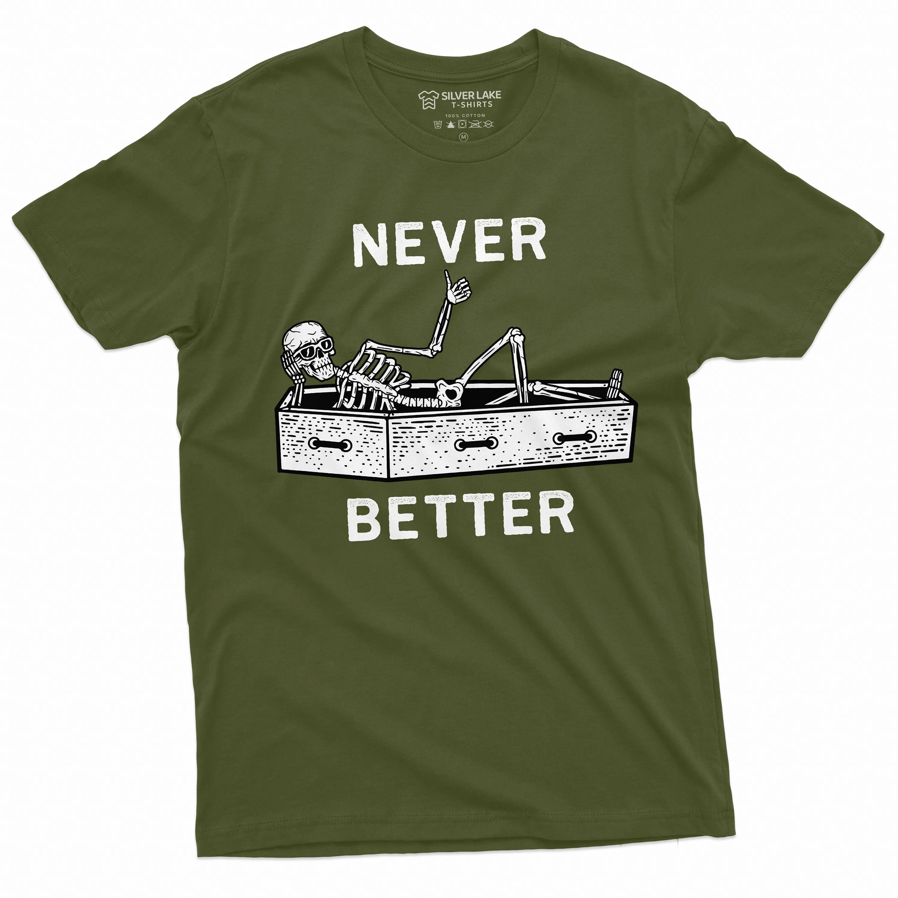 Never Better Funny Halloween Skeleton T-shirt Mens Womens Unisex Skeleton in coffin Tee Shirt humor Halloween party outfit