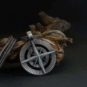 North Star Men's Necklace Solid Silver Pendant with Long Chain