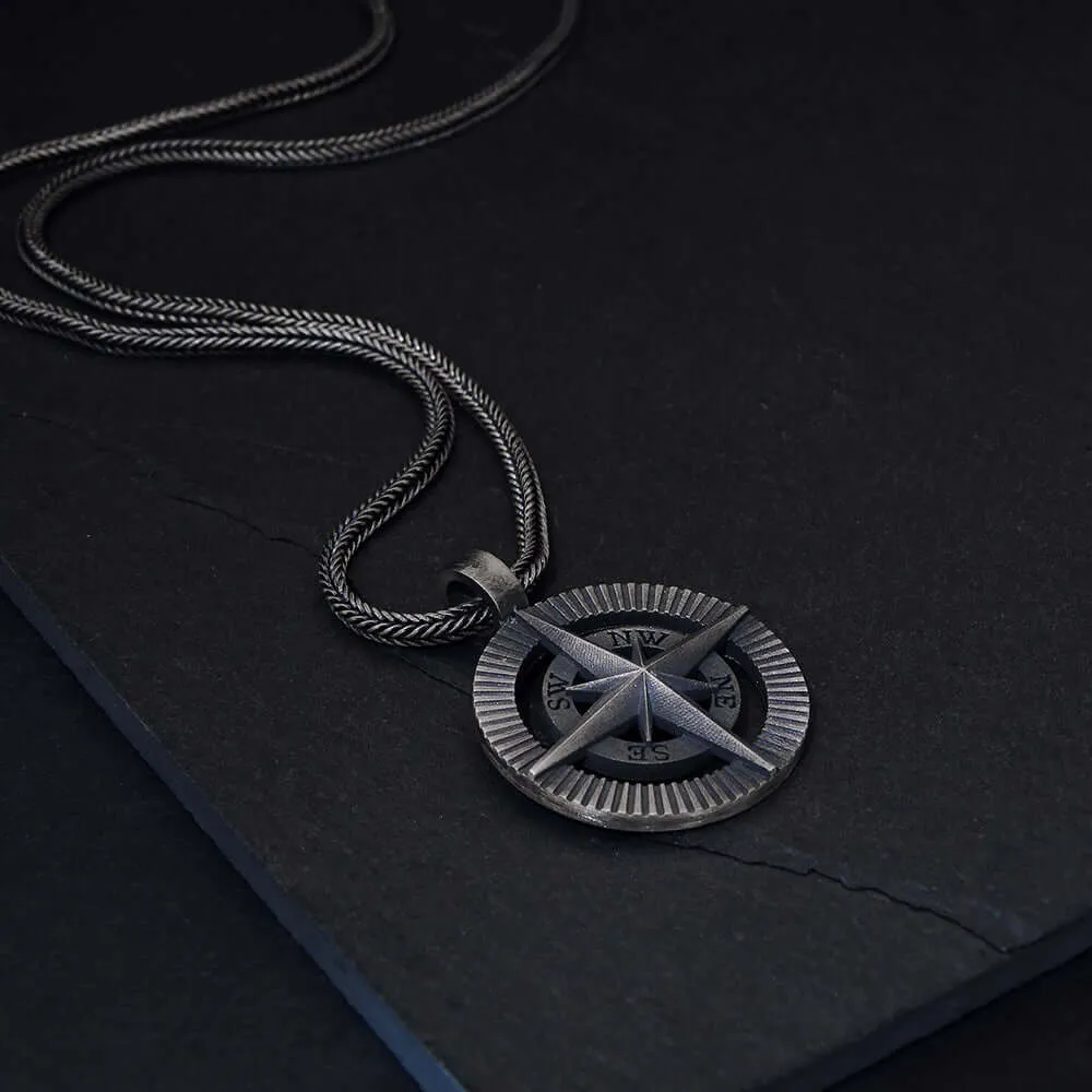 North Star Men's Necklace Solid Silver Pendant with Long Chain
