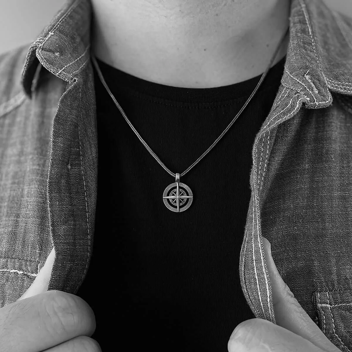 North Star Men's Necklace Solid Silver Pendant with Long Chain