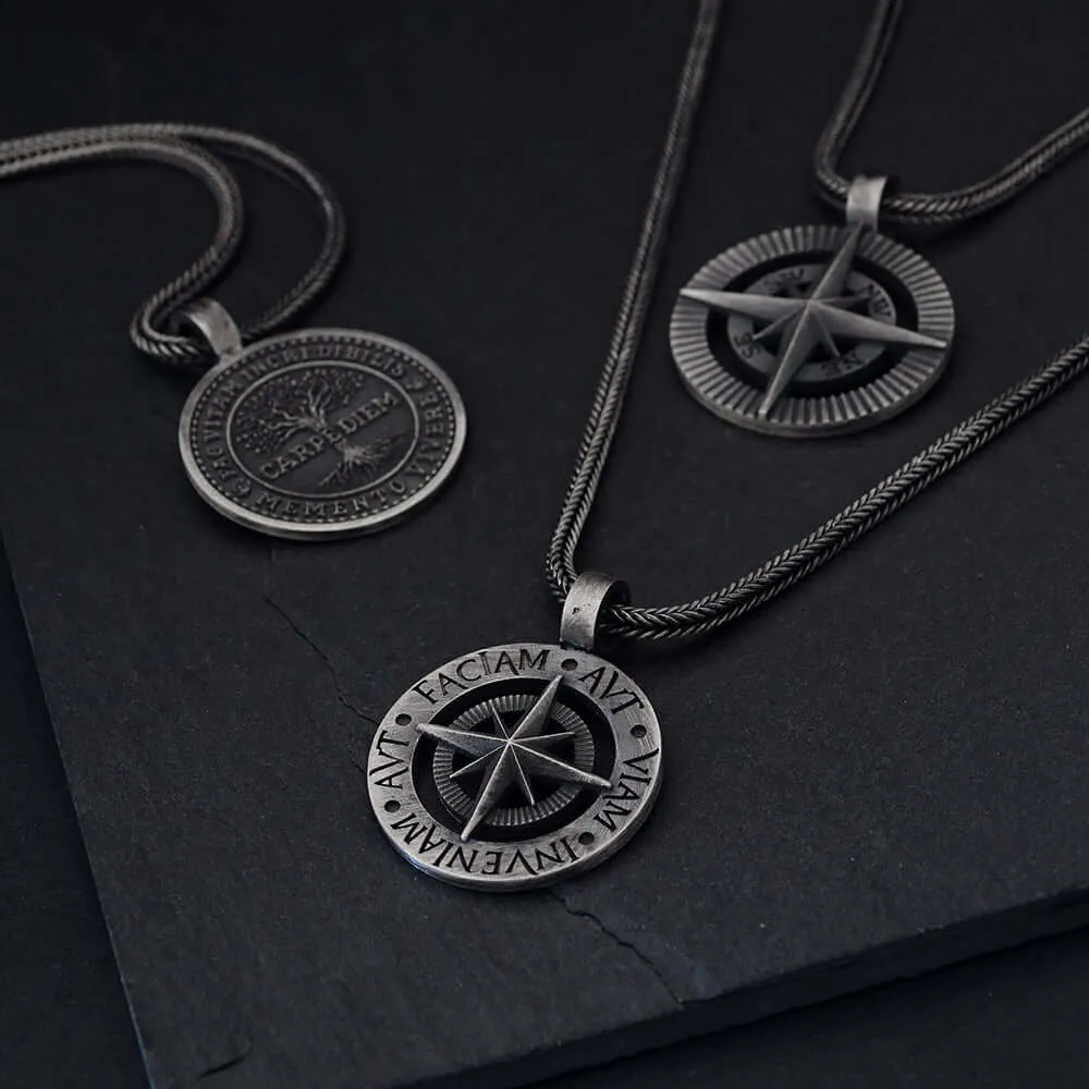 North Star Men's Necklace Solid Silver Pendant with Long Chain