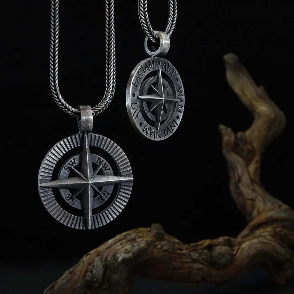 North Star Men's Necklace Solid Silver Pendant with Long Chain