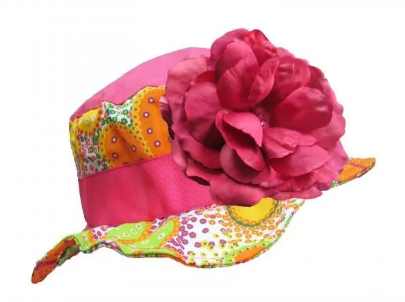 Orange Floral Sun Hat with Raspberry Large Rose